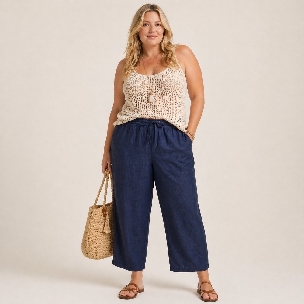 Nautica Navy Blue Linen Blend Drawstring Beachy Boho Pants Plus XXL 2X Nautical